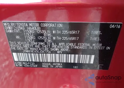 2016 Toyota Rav4 Xle from USA, damaged, VIN JTMRFREV0GJ087756